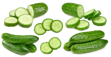 sliced cucumbers isolated on white background. clipping path