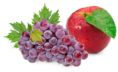 Obraz premium red grapes berries with red apple and green leaves isolated on white background. macro. with clipping path