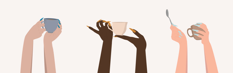 Hands with coffee, tea cups vector illustration. Diverse female hand holding different cups and mugs. caffeine concept Isolated illustration