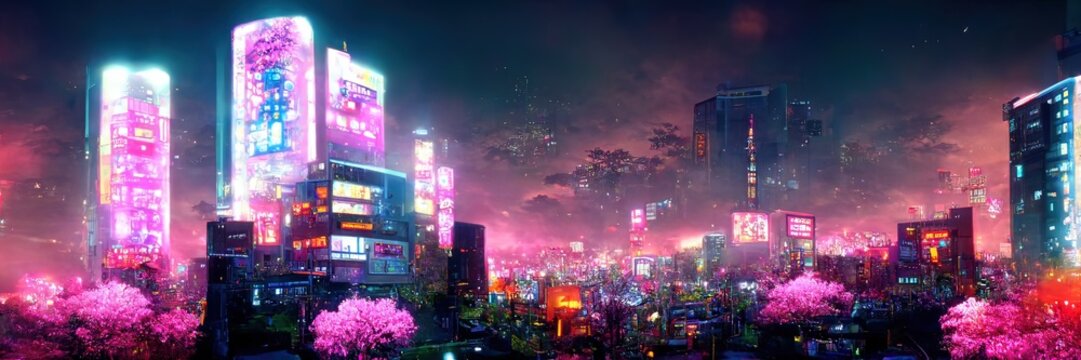 Cyberpunk city. retro with big sakura tree.