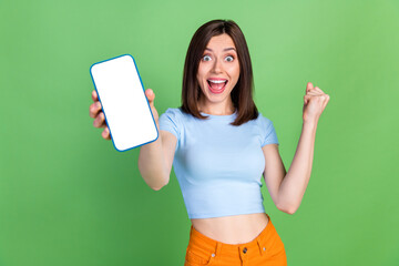 Photo of delighted funny person raise fist celebrate success show empty space phone display...