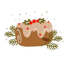 Cake Christmas pudding. Sticky biscuit with dried fruits and candied fruits and citrus zest. Isolated vector illustration. Christmas baking. Cartoon cupcake, cake. Fir branches