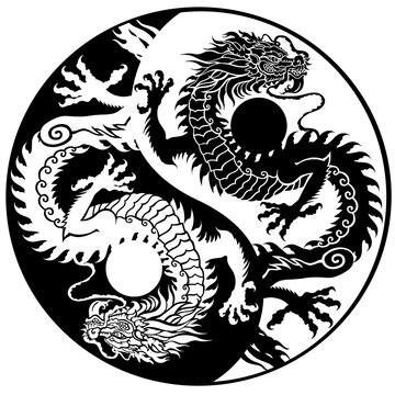 recommend clip art: black and white dragon silhouettes in the yin yang symbol. Traditional mythological creature of East Asia. Tattoo.Celestial feng shui animal. Side view. Graphic style vector illustration