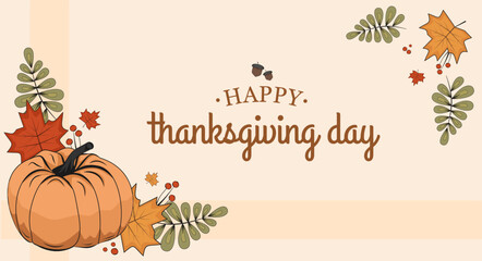 autumn greeting card with orange pumpkin, maple leaves, acorns and rowan, cozy fall, halloween decoration, thanksgiving day, september, october, november, welcome autumn mood, flat background, poster
