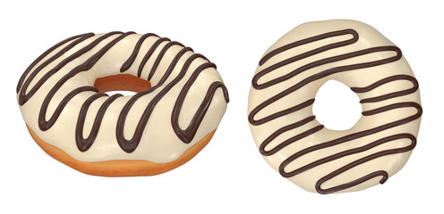 A set of donuts with white and chocolate glaze on a white background, 3d render