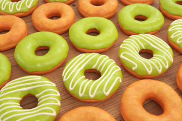 Collection of donuts without glaze, with green and white glaze on a wooden table, 3d render