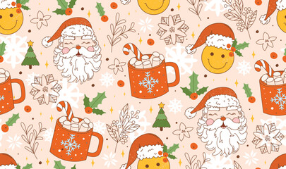 Christmas retro seamless pattern with groovy smile face, cup of cacao, spruce, Santa Claus and decorative elements. Vintage vector.