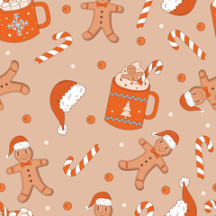 Christmas retro seamless pattern with groovy gingerbread man, cup of cacao, Santa Claus hat, candy cane and holly berry. Vintage vector.