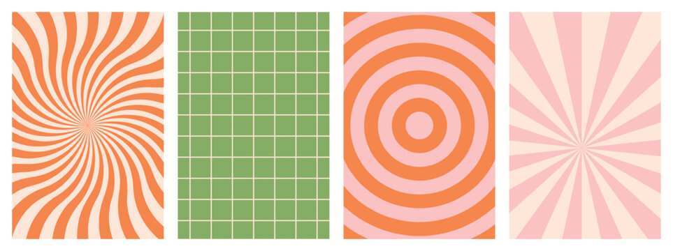 Set of groovy hippie 70s backgrounds. Y2k aesthetic waves, swirl, mesh, spiral ray, chess. Trendy vector texture in retro psychedelic style.