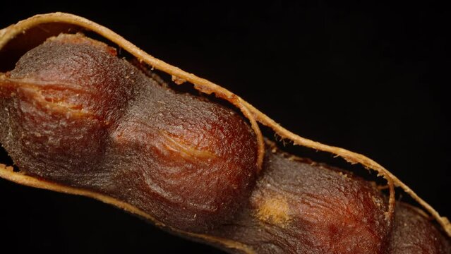 Peeled tamarind rotation on a black background, Extremely close-up.