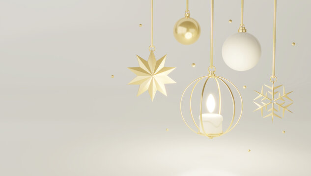 3D Christmas and New Year background.Luxury Style and Golden Star, Snowflake. Glass Balls hanging on ribbon, Golden Candle.