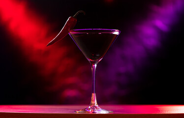 Cocktail in a triangular glass decorated with a sharp red pepper