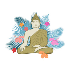 Tropical branches and flowers in behind of meditative Buddha
