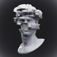 Abstract digital illustration from 3D rendering of white marble classical bust sliced in multiple dislocated pieces and isolated on dark background.