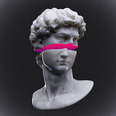 Abstract digital illustration from 3D rendering of male bust head of white marble pink sliced in two and isolated on dark background.