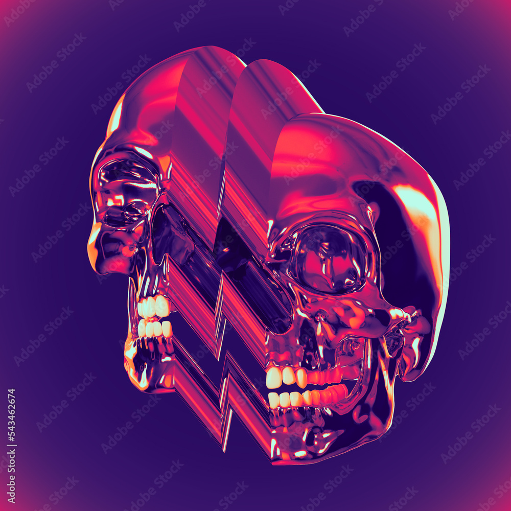 Aufkleber abstract illustration from 3d rendering of glitch pixel stretch deformed skull in shiny chrome refle