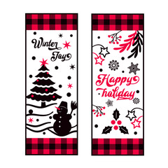 Vertical Christmas design with congratulations and red and black plaid border. Design for vertical posters, cards, candles, glasses