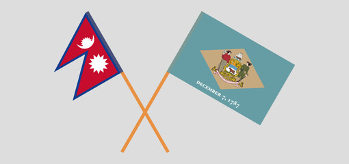 Crossed flags of Nepal and The State of Delaware. Official colors. Correct proportion