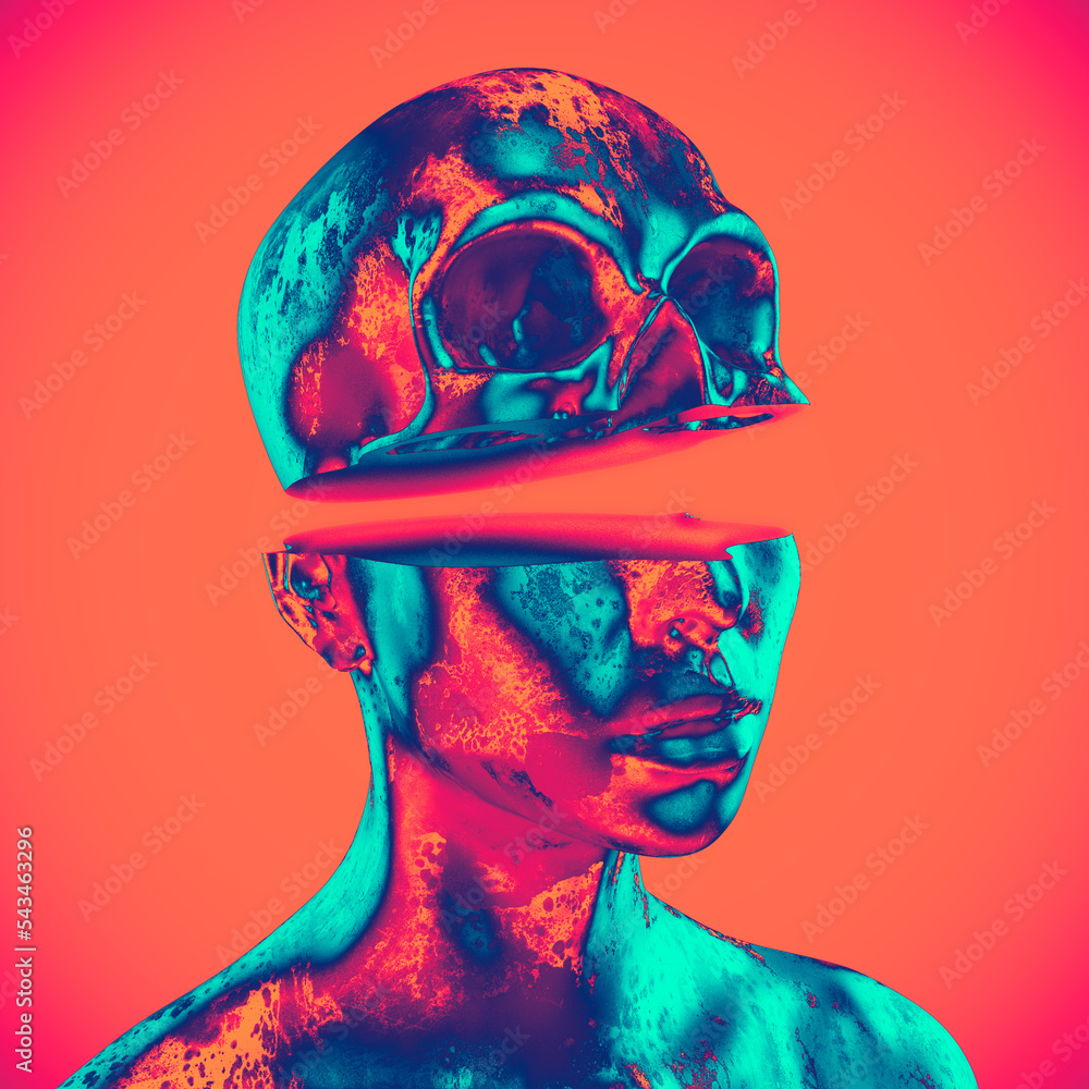 Poster abstract concept sculpture illustration from 3d rendering of female bust sliced cut head with skull 