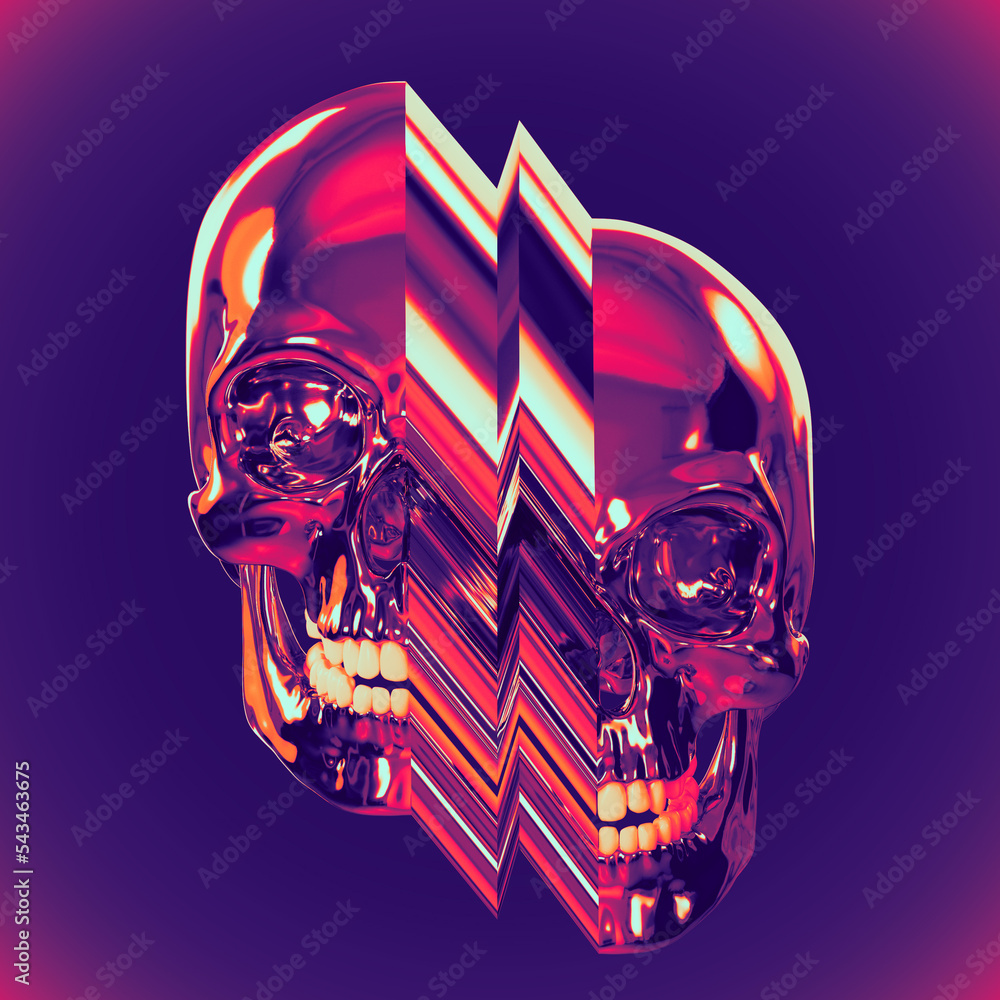 Fototapete abstract illustration from 3d rendering of glitch pixel stretch deformed skull in shiny chrome refle