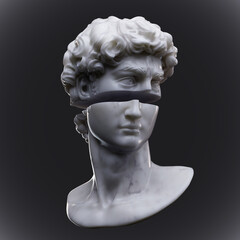 Abstract digital illustration from 3D rendering of male bust head of white marble sliced in two and isolated on dark background.