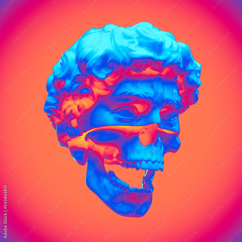 Poster abstract digital illustration from 3d rendering of a classical white marble upper head cut and screa