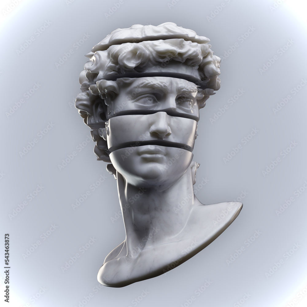 Poster abstract digital illustration from 3d rendering of white marble classical bust sliced in multiple di