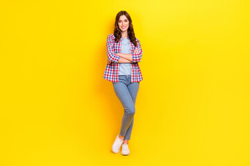 Fototapeta na wymiar Full length photo of young businesswoman folded arms good mood wear stylish outfit successful person isolated on yellow color background