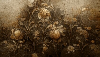 Aged worn antique background design with flower motives