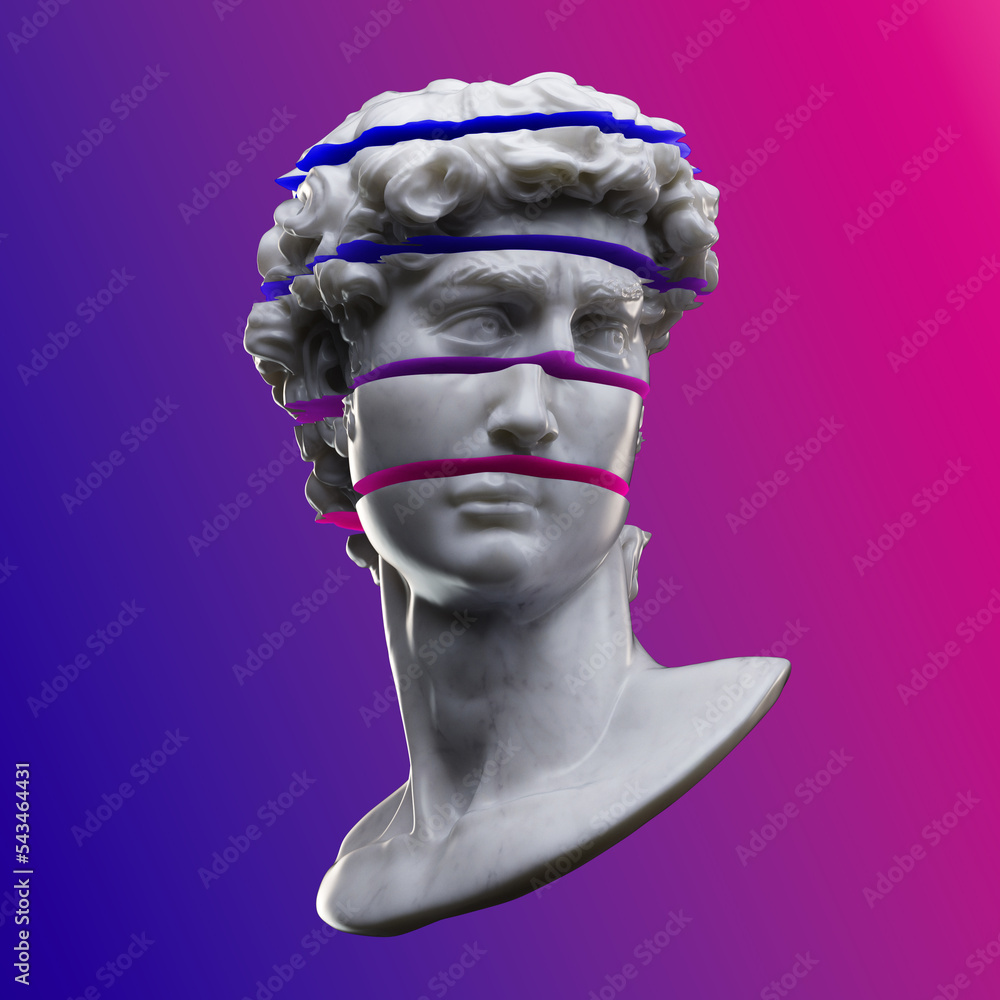 Fototapete abstract digital illustration from 3d rendering of white marble classical bust colorful sliced in mu