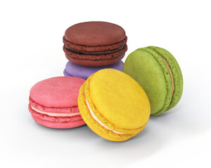 A bunch of colorful macaroons on a white background, 3d render