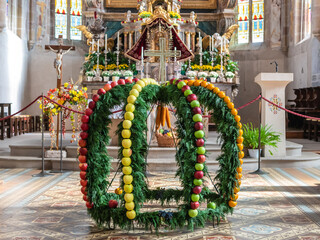 Interior of the majestic St. Cyricus and Julitta Church. Gothic church of the Termeno.village (Tramin) in South Tyrol Trentino Alto Adige – Italy - October 31, 2022