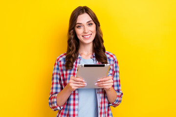 Closeup photo of assistant business lady hold her favorite apple ipad pro using tablet for work...
