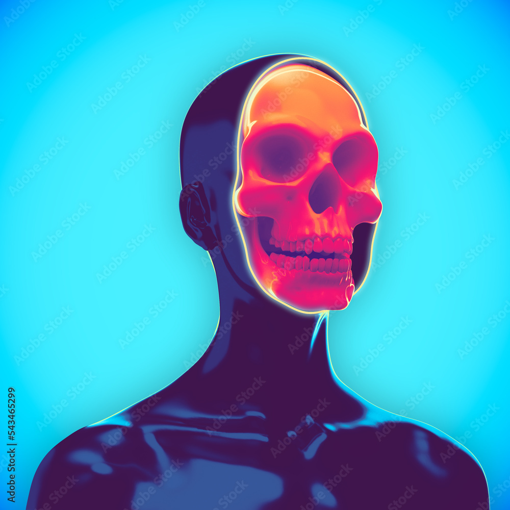 Poster abstract digital illustration from 3d rendering of a dark female bust figure with missing face unvei