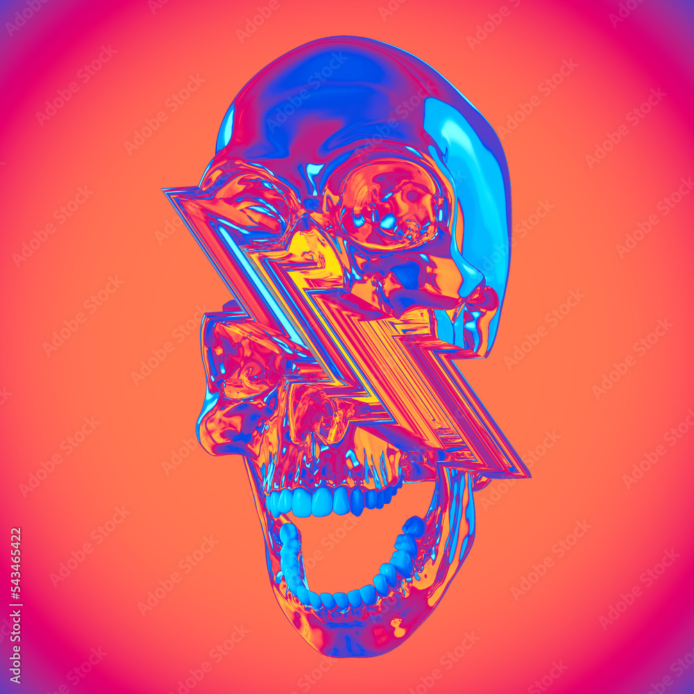 Fototapete abstract illustration from 3d rendering of glitch pixel stretch deformed skull in shiny chrome refle