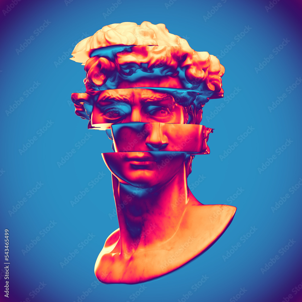 Wall mural abstract digital illustration from 3d rendering of white marble classical bust sliced in multiple di