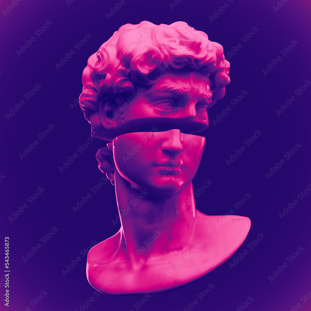 Poster abstract digital illustration from 3d rendering of male bust head of white marble sliced in two and 