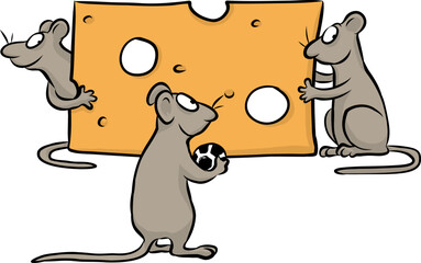 Gruppe von drei Mäusen benutzen Käsescheibe als Torwand