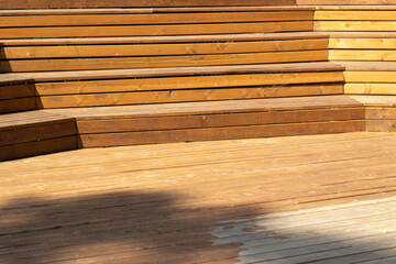 Wooden steps. Place for students to relax. Wooden benches. Scene details. Tribune for speeches.