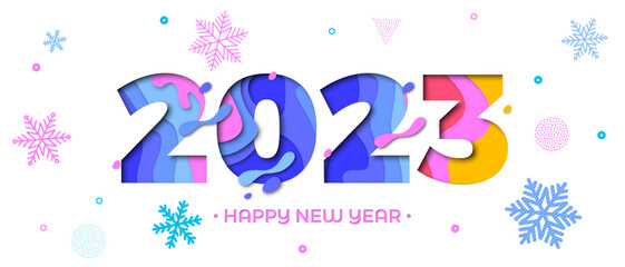 2023 Happy New Year paper cut greeting card. Vector New Year Eve colorful paper cut 2023 number