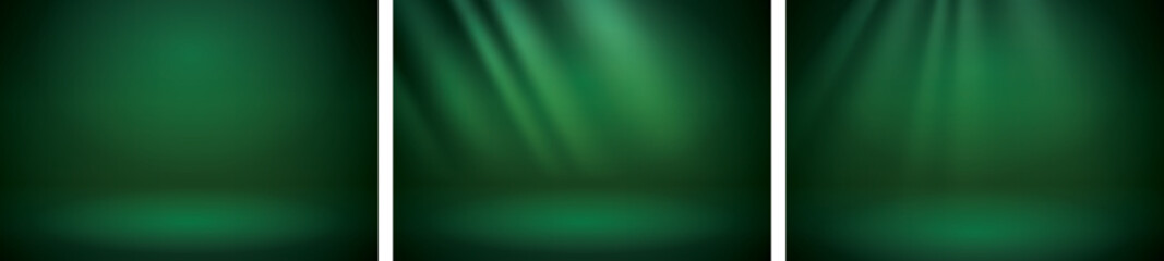 Green studio scene background set. Neutral deep green background with soft rays. Soft studio lighting. Photostudio soft box lighting.