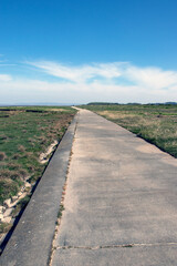 pathway by the sea with summer skies and light clouds