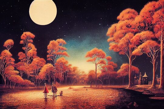 Meeting lovers in the night modern fine art fairy tale fabulous hand drawn romantic landscape fantasy painting