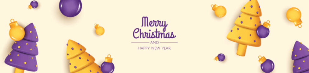 Happy New Year. Christmas background design, Christmas trees, decorative balls. Festive gift card, holiday poster, web banner, website header.