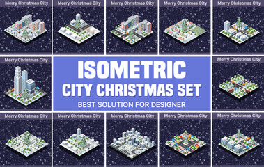 Set isometric illustration of a city based on three-dimensional
