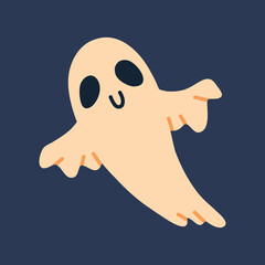 Funny hand drawn Illustration with cute light ghost isolated on a dark background. Flying ghost spirit. Happy Halloween. Cute cartoon spooky character. 