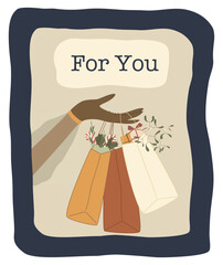 Woman's hand holding paper shopping bags. Christmas holiday time. Preparing for celebration Christmas eve or new year. African american girl. Vector illustration. Flat style