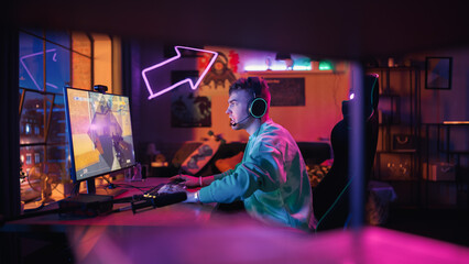 Gaming at Home: Gamer Sad and Angry After Losing a Round of Playing Online Video Game on Personal Computer. Stylish Male Playing Shooter Arcade Online Multiplayer Battle. Creative Living Room.