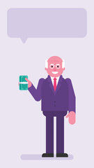 Old businessman holding wad money and smiling