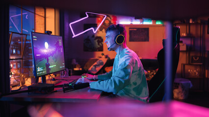 Professional eSports Gamer Plays 3D Shooter Video Game with Lots of Action and Fun on His Powerful Personal Computer at Home. Cyber Gaming Stylish Retro Neon Room. Real Gameplay. © Gorodenkoff